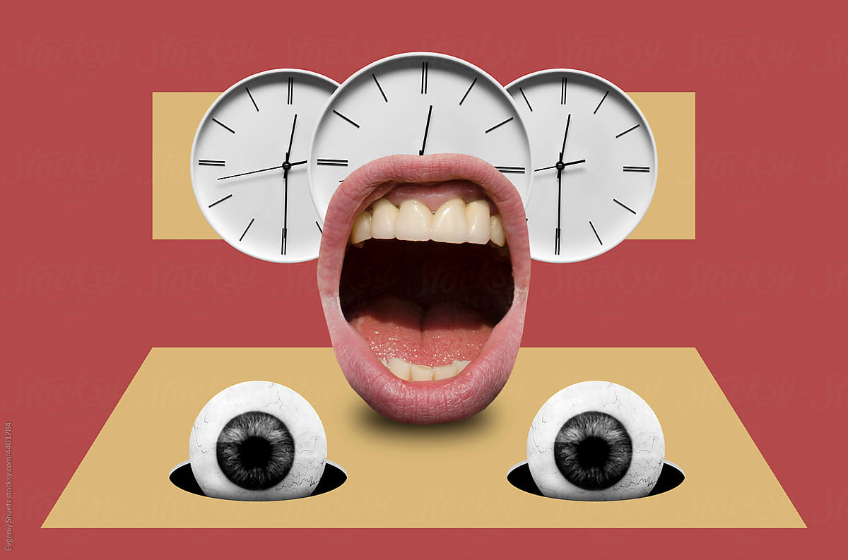 Still life with eyes, open mouth and clocks