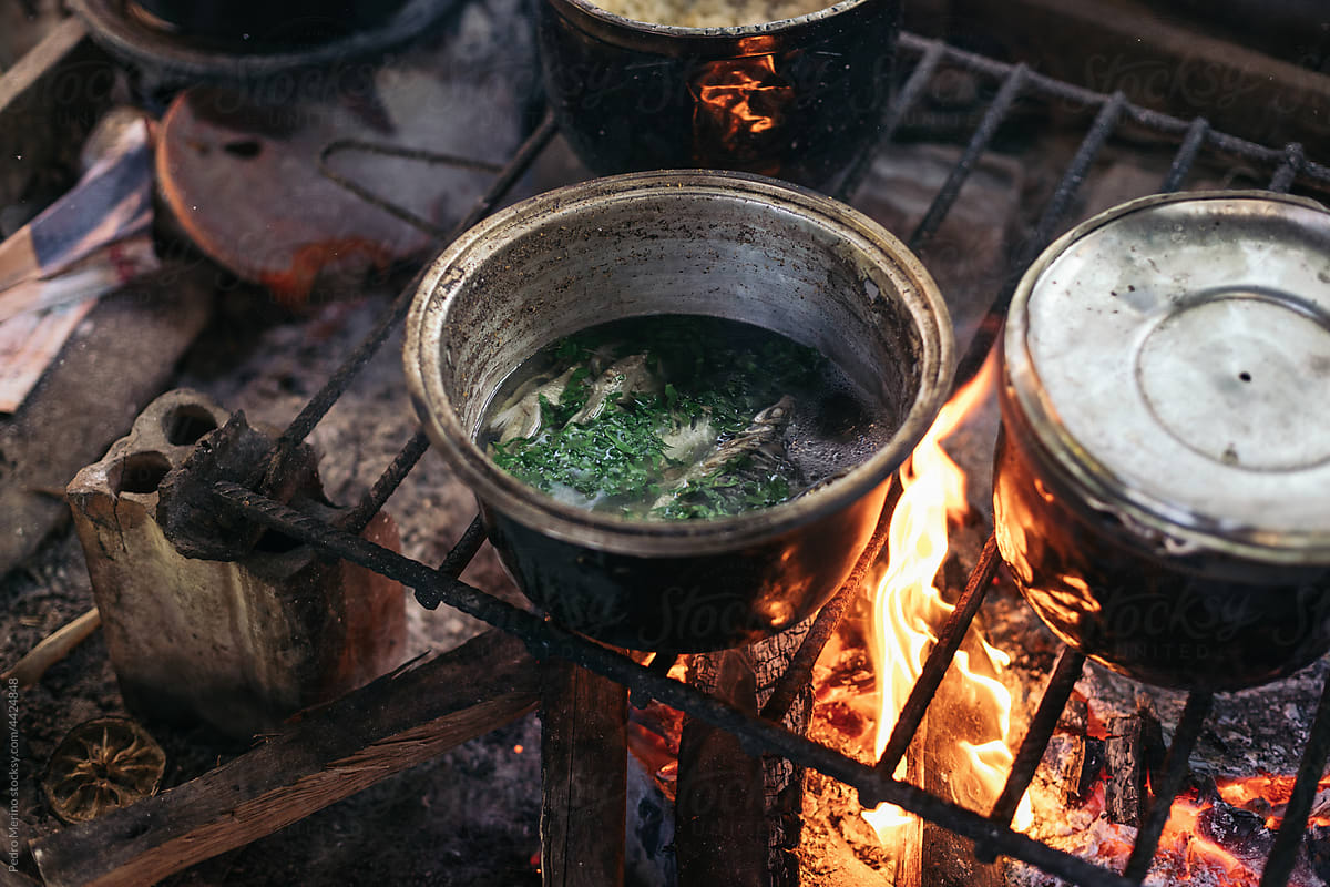 Cooking traditional food on a wood fire