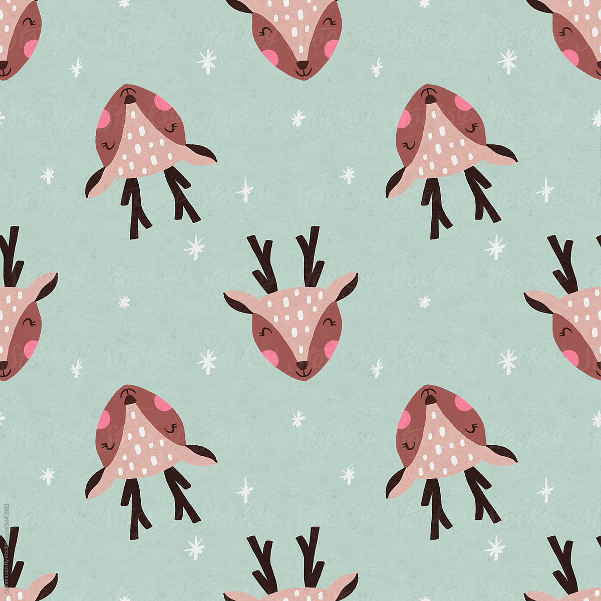 Happy reindeer with snow, seamless pattern. Christmas illustration