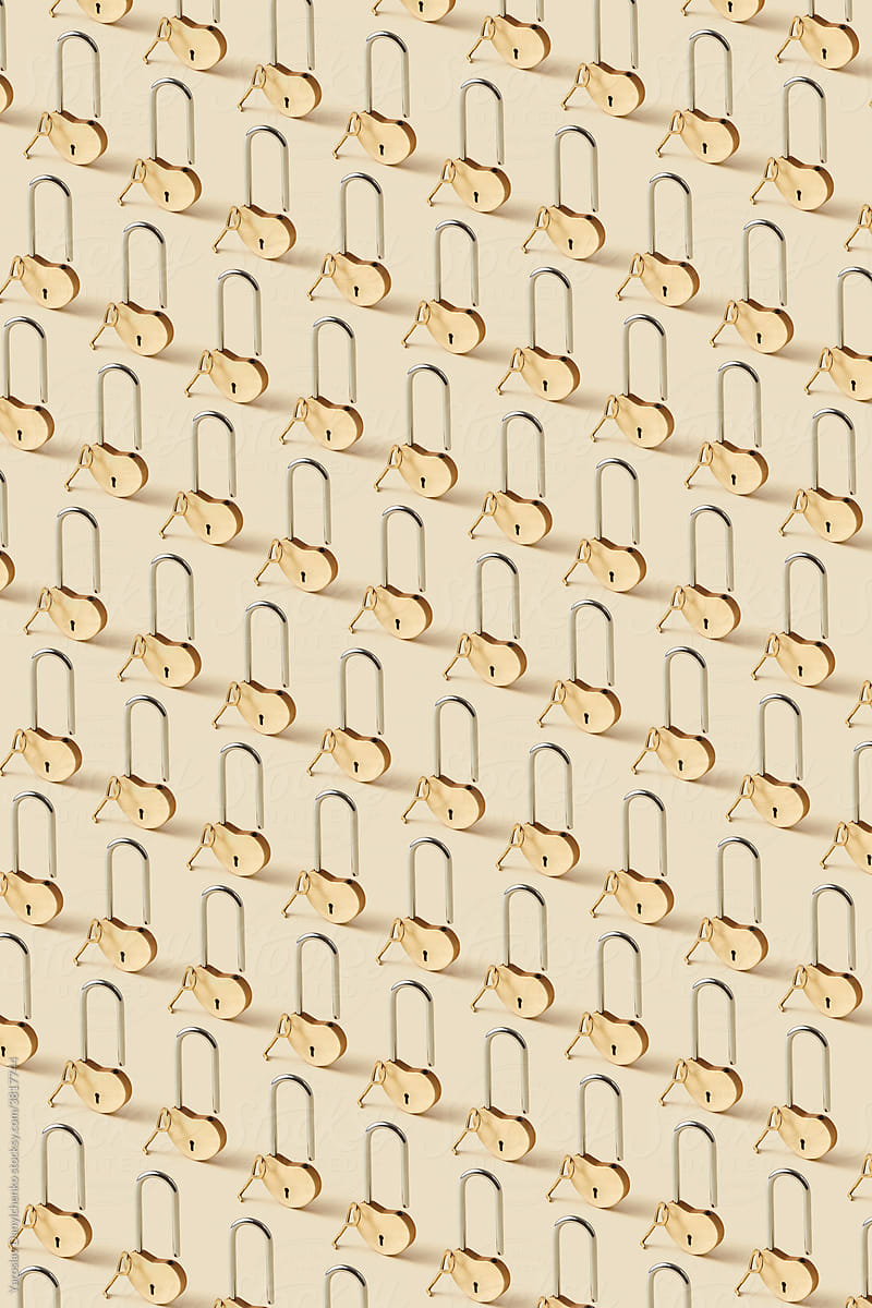 Pattern of romantic heart shaped padlocks with keys