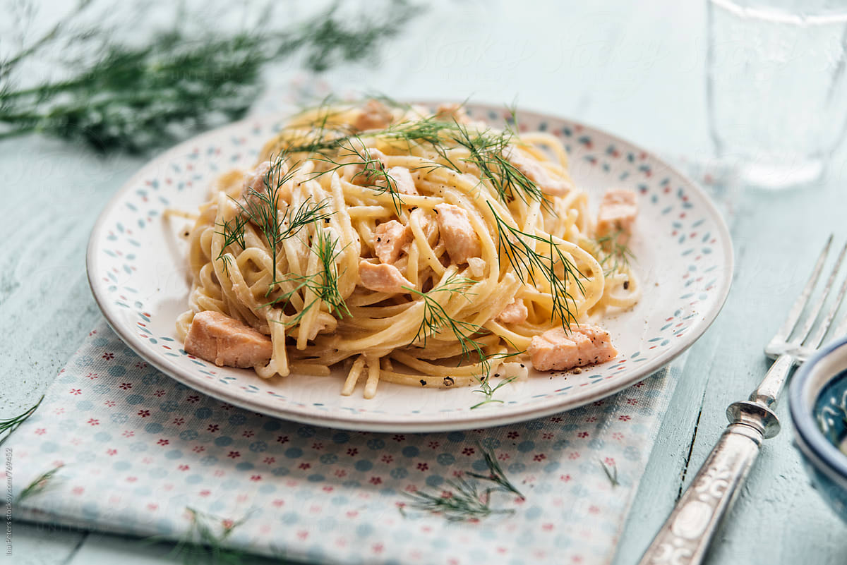Food: Spaghetti with Salmon white wine cream sauce and dill