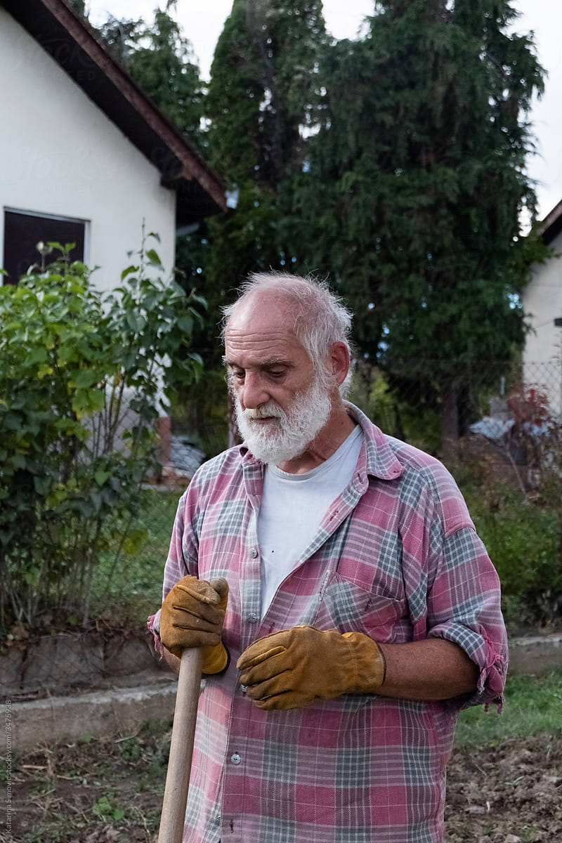 An old man preparing garden for next season