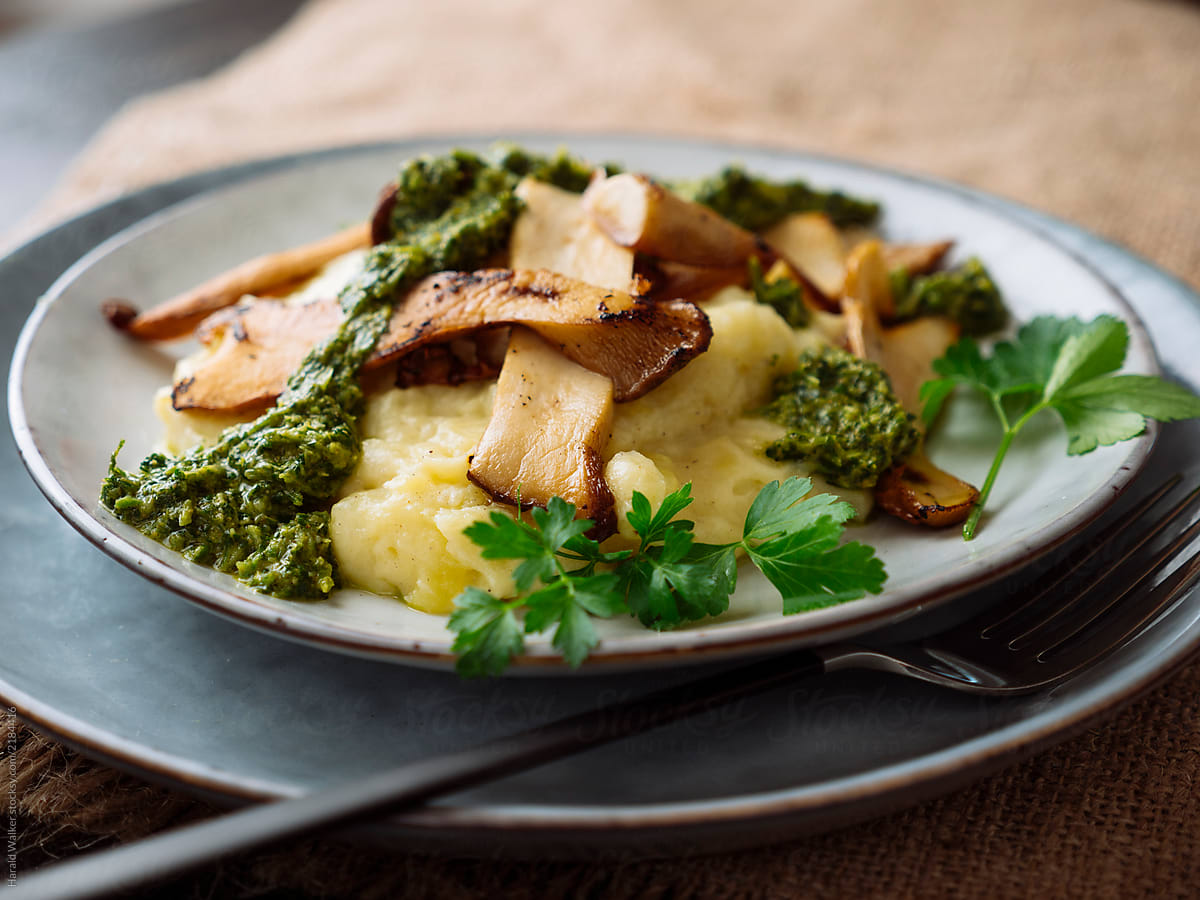 King Oyster Mushrooms with Parsnip, Potato Mash and Coriander Sauce