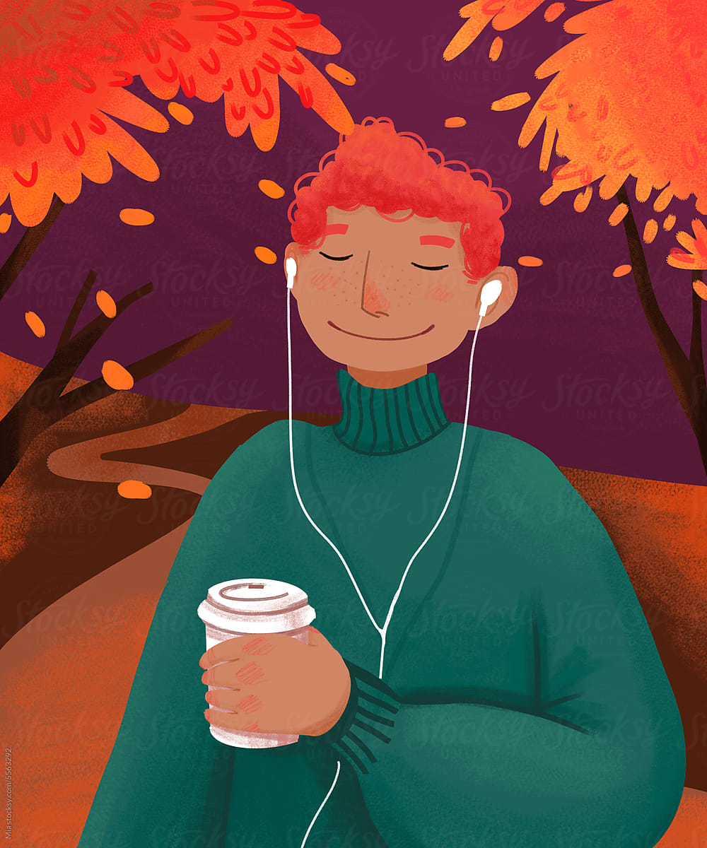Illustration: Man Enjoying Music and Coffee in Autumn
