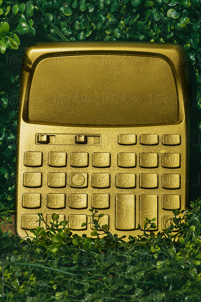Golden calculator on grass