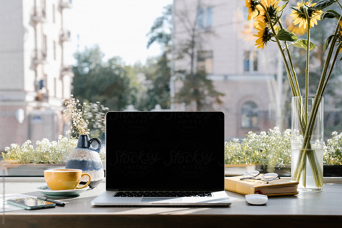 Cozy workplace with laptop near window