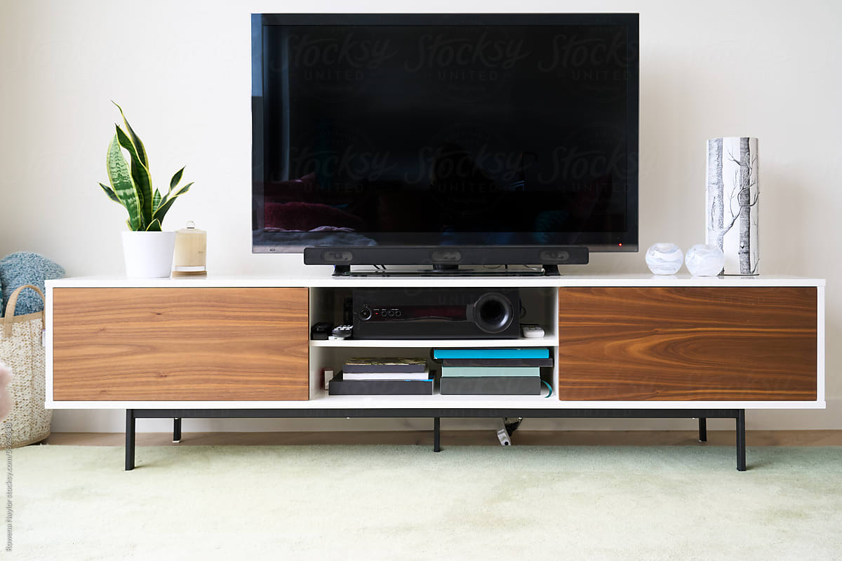 TV in modern cabinet in living room