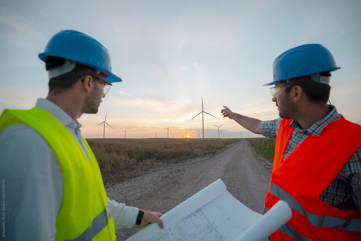 Engineers discussing on the windmill farm