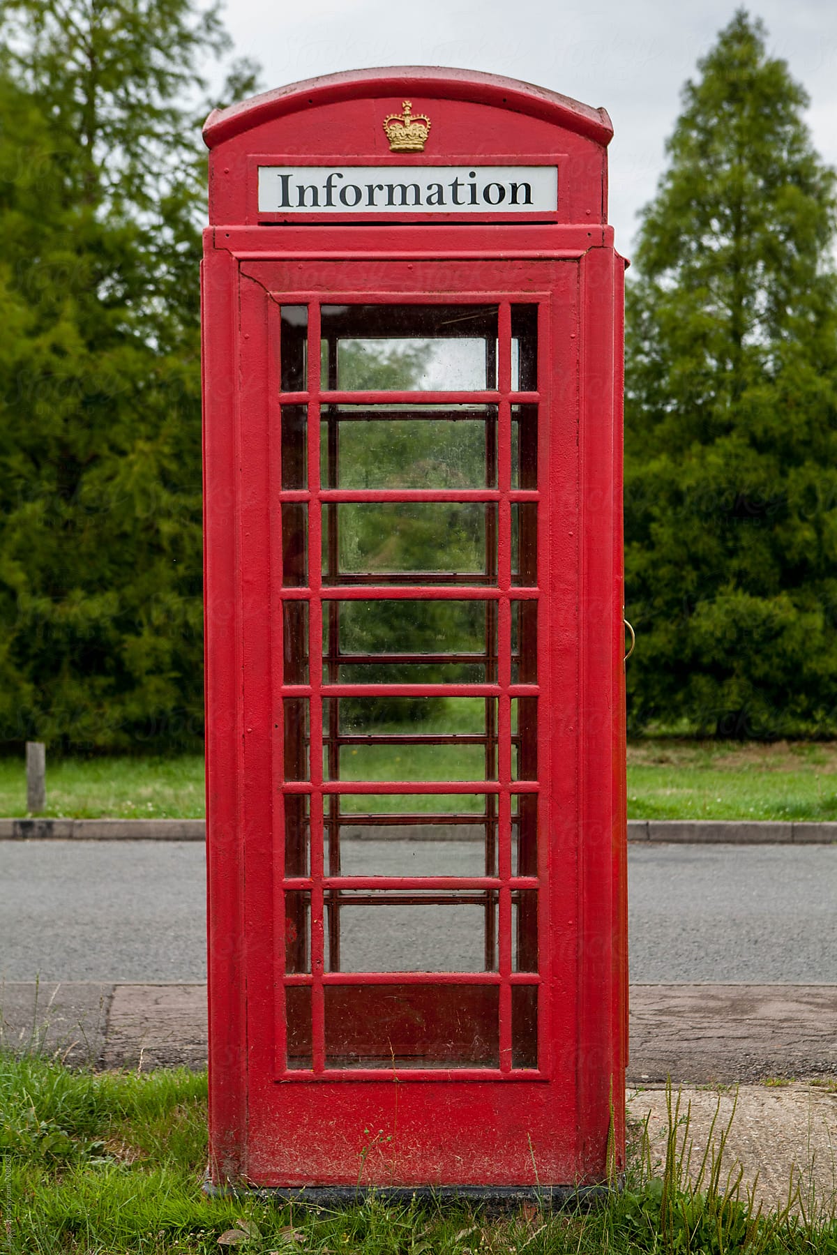 Repurposed public telephone box, now used as an information booth
