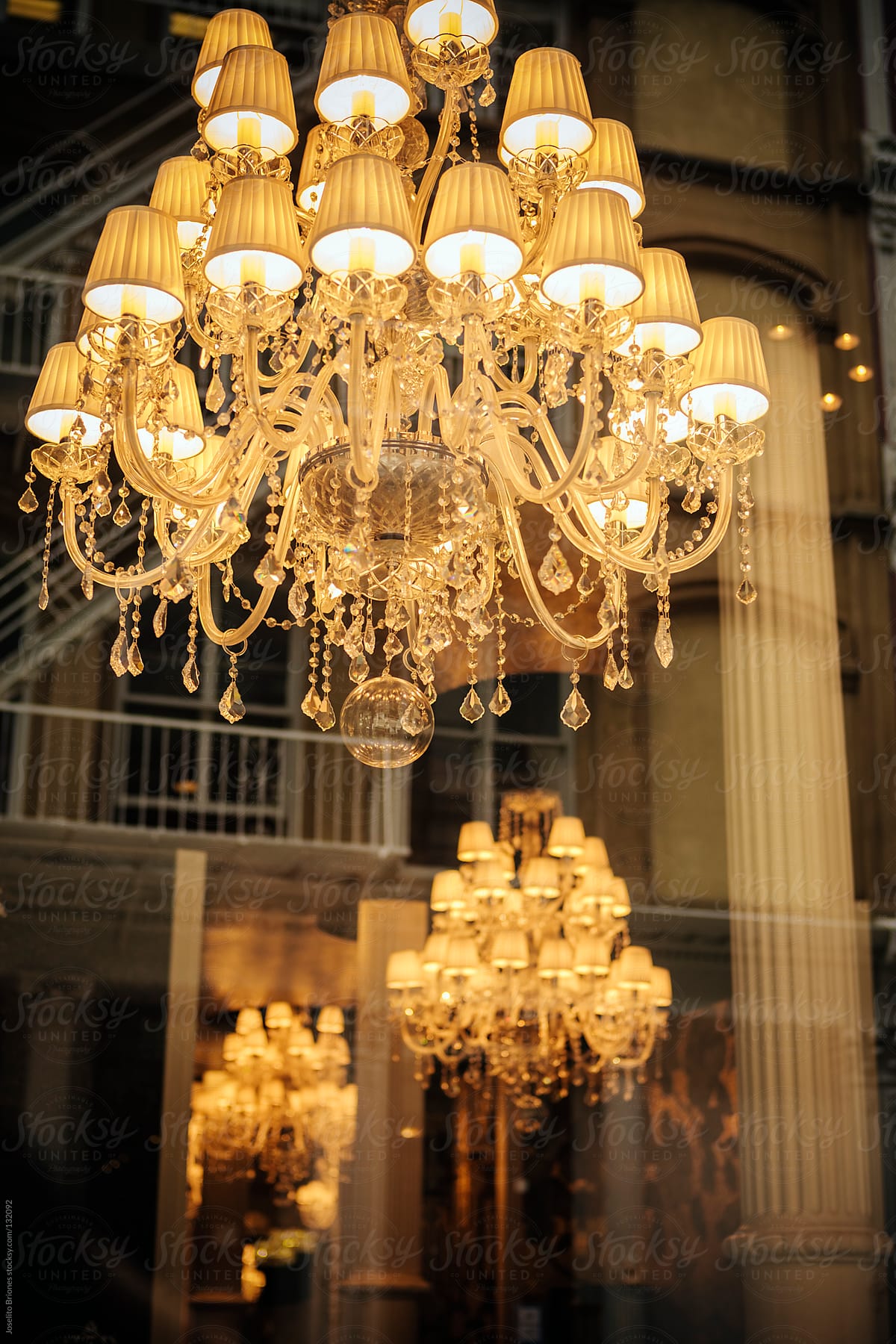 Luxury Chandelier Lighting with Reflections of Buildings