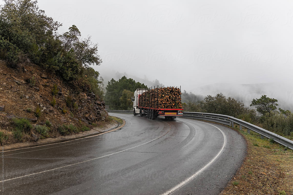 truck with load of wood on the highway