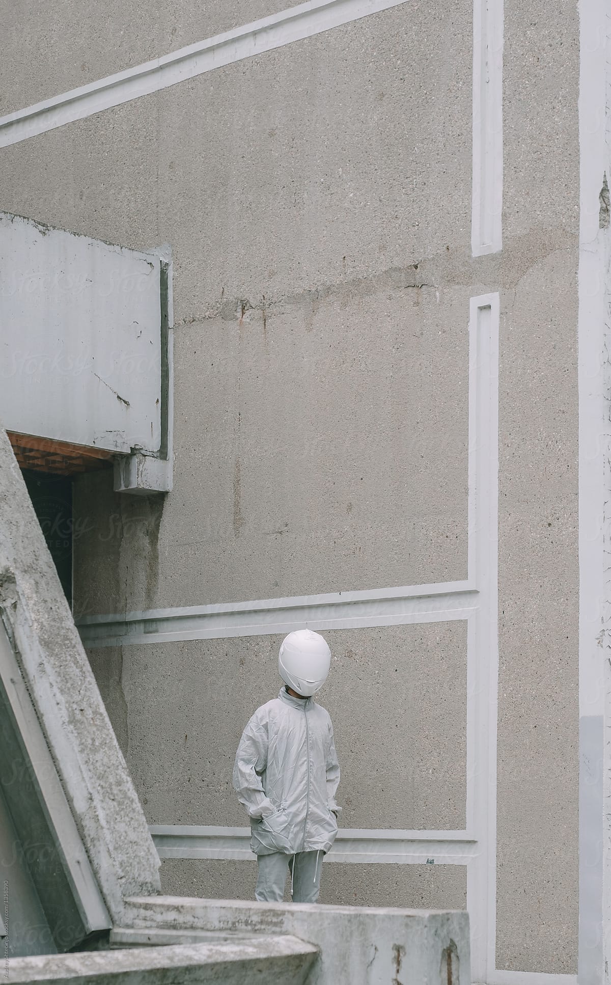 Abstract scene with person with white helmet/mask and silver jacket