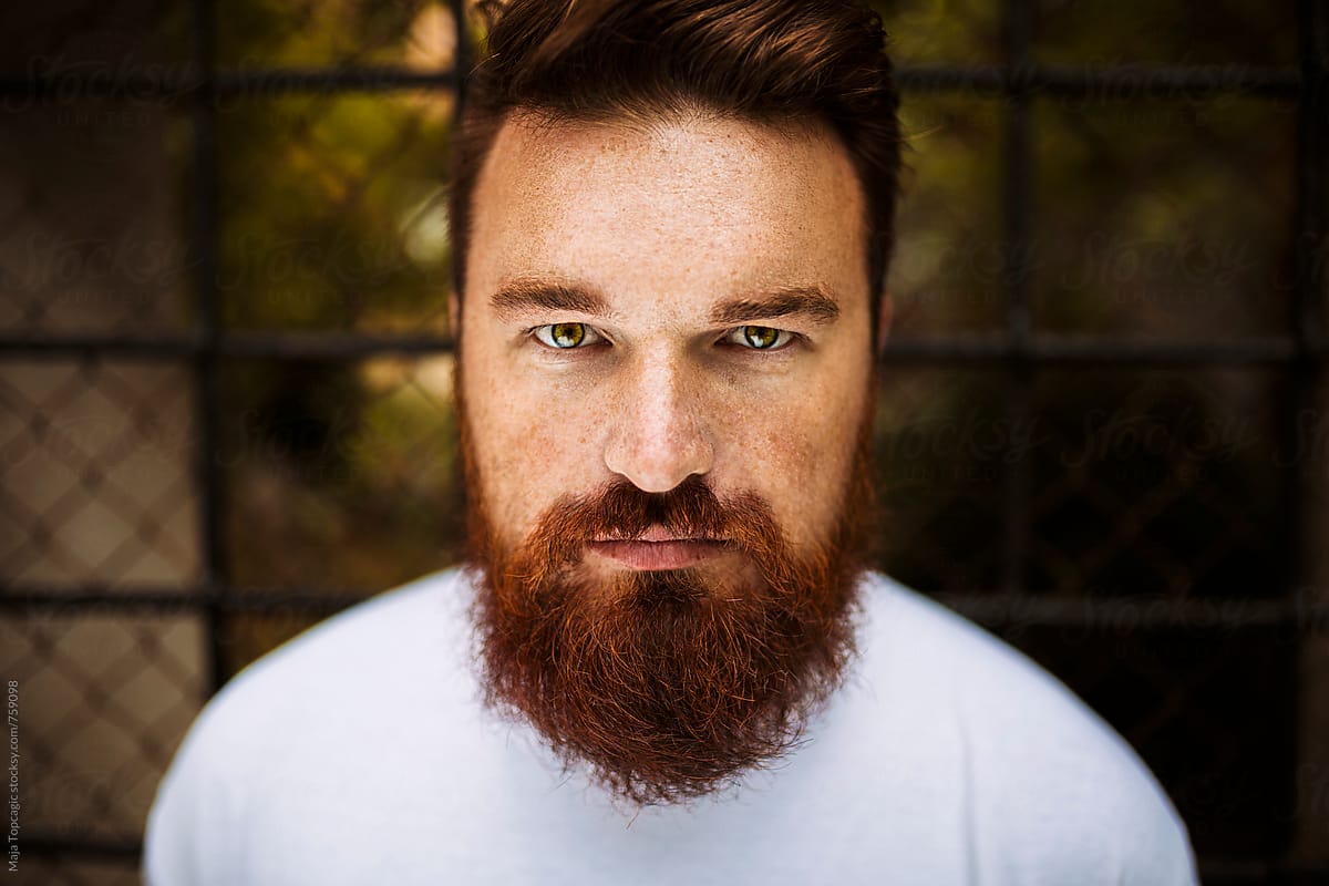 Young man with red hair, beard and freckles