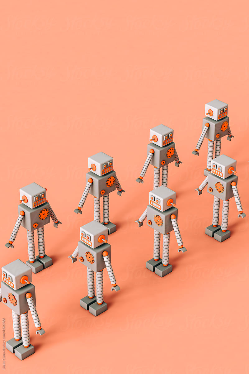 rows of Toy robots on a pink background