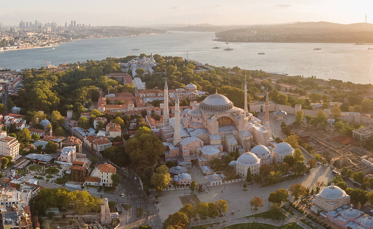 Bosphorus at sunrise, Istanbul, Turkey, aerial view