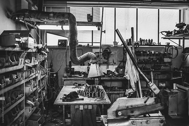 workshop from a metal worker with technical instruments - black and white