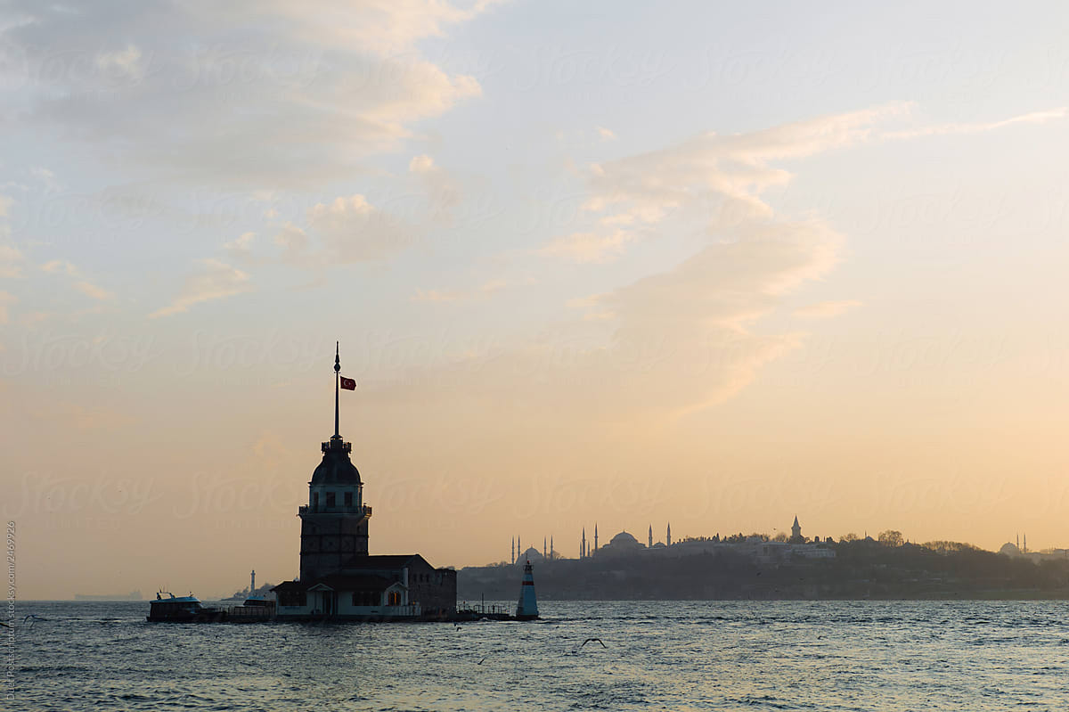 Lighthouse on island between sea near city. Maiden\'s Tower, Istambul.