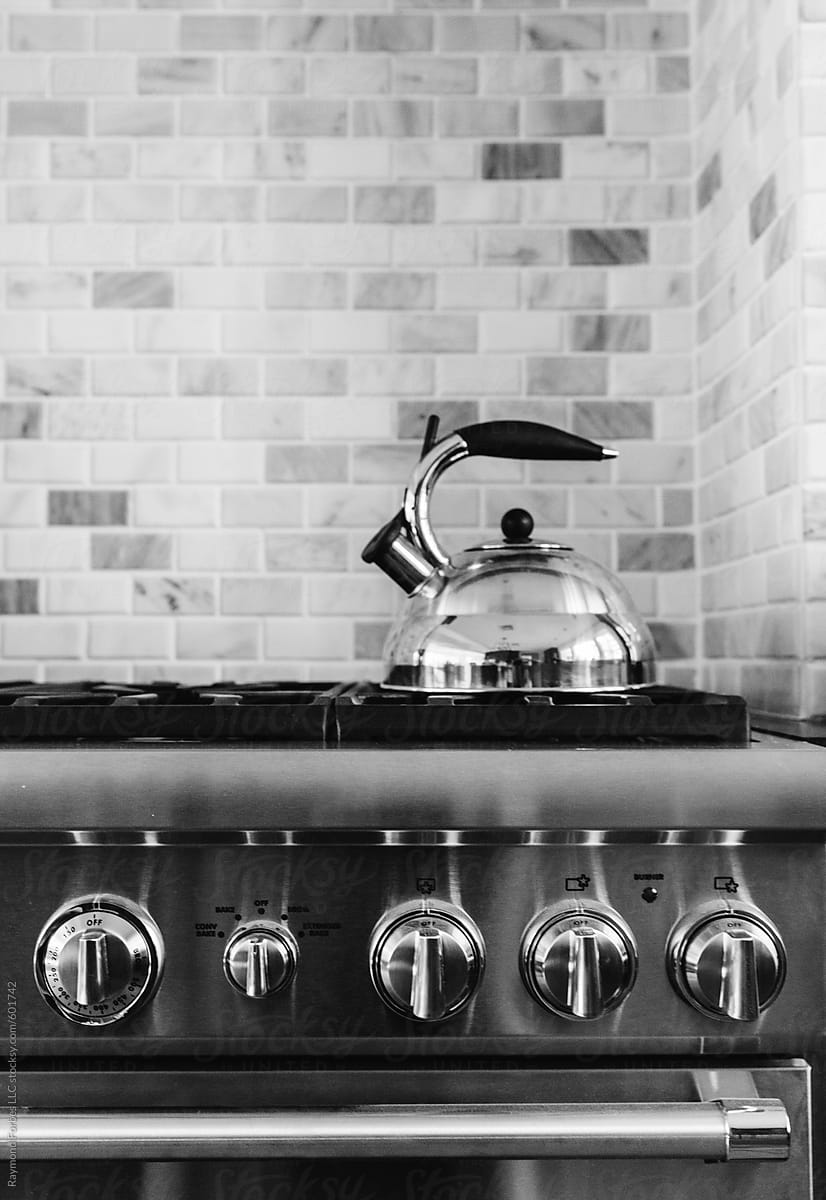 Tea Kettle on Stovetop in Black and White
