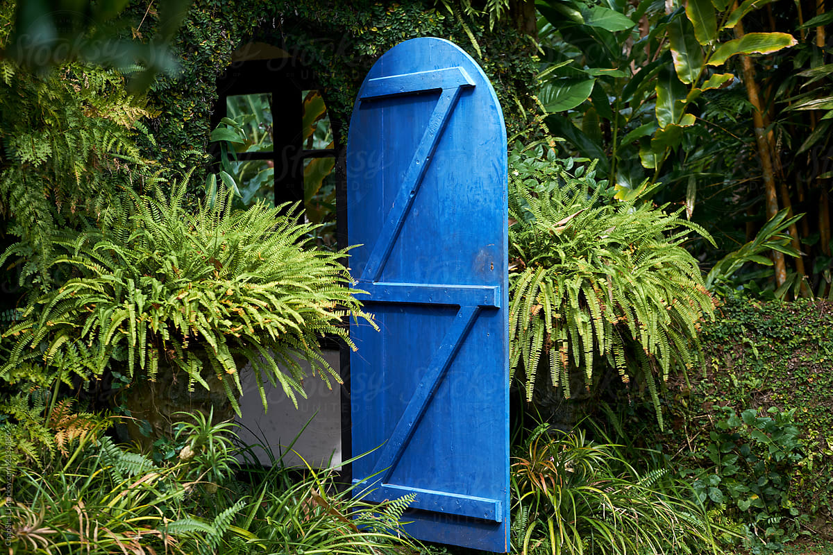 The fairy tale blue door in the rainforest, beautiful scenery in Sri Lanka.