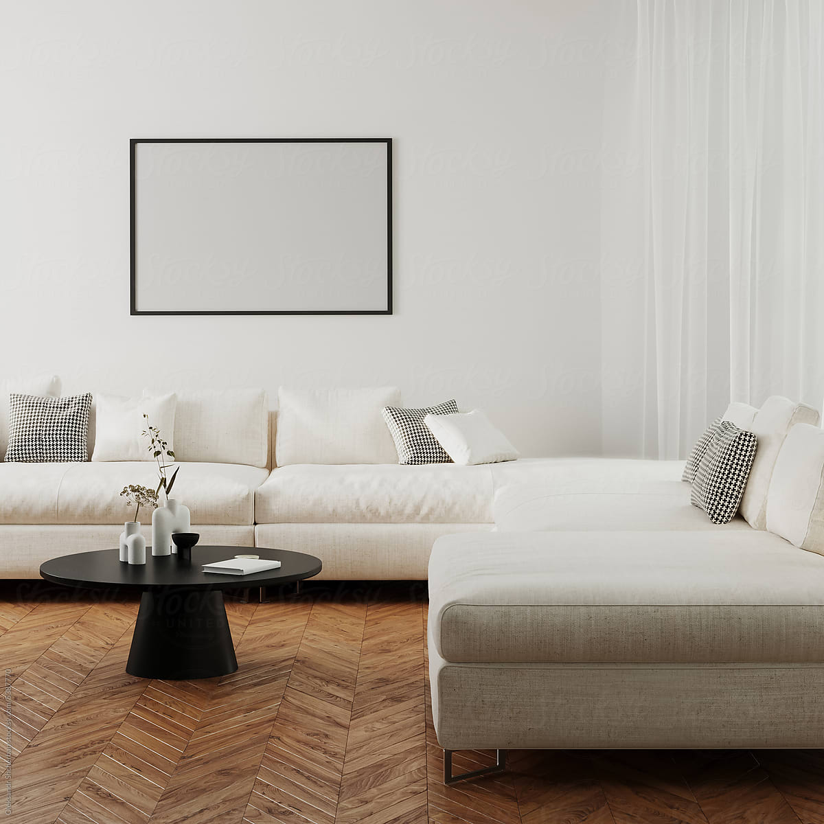 Horizontal picture frame mock up in elegant room interior, 3d render