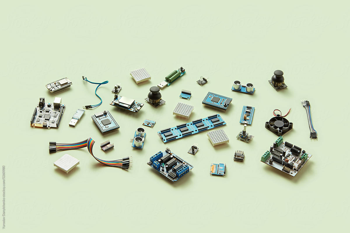 Different computer chips and microprocessors.