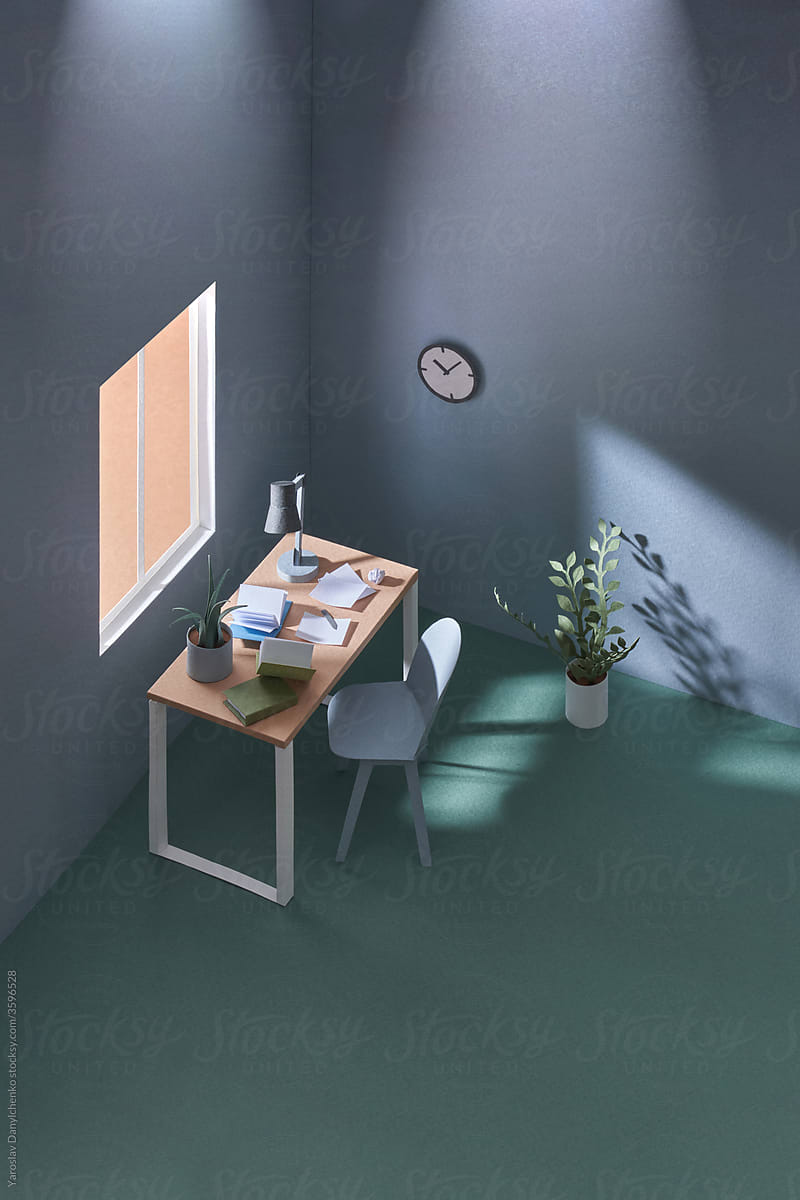 Papercraft room with table for studying