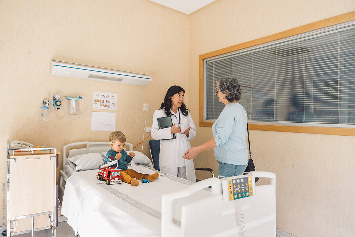 Grandmother and grandson communicating with pediatricians during