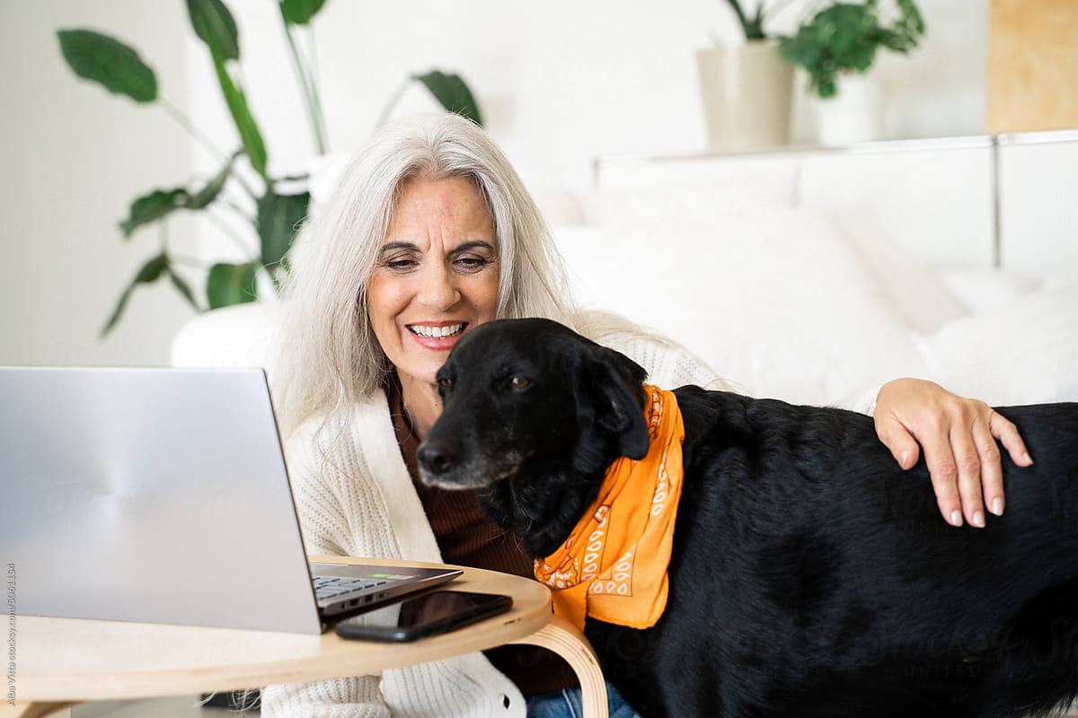Mature woman with laptop and dog at home