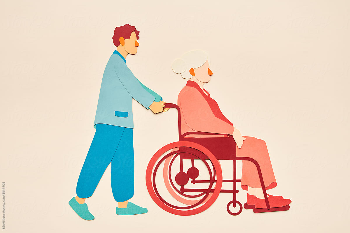Cartoon man pushing wheelchair with elderly woman