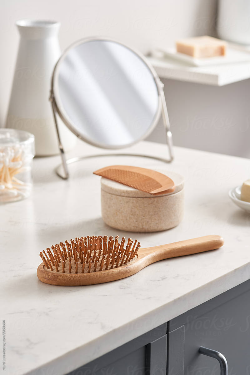 Zero waste hair care supplies in light bathroom