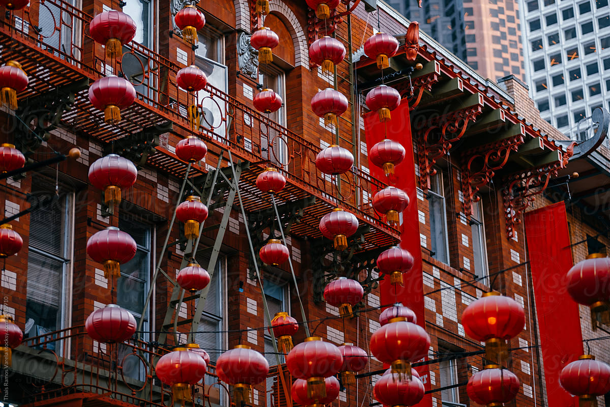 facade with red motifs in San Francisco\'s Chinatown