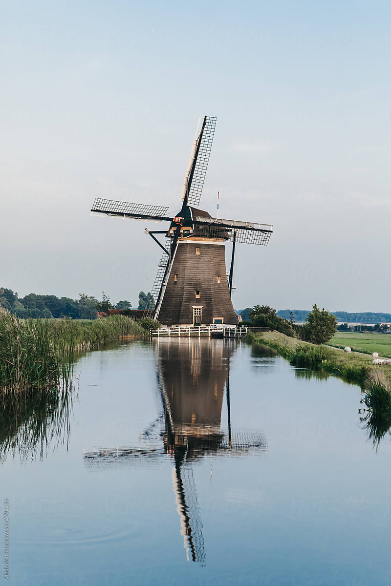 A Dutch windmill reflected in the water
