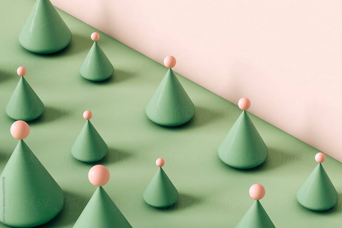pattern of green cones with pink spheres