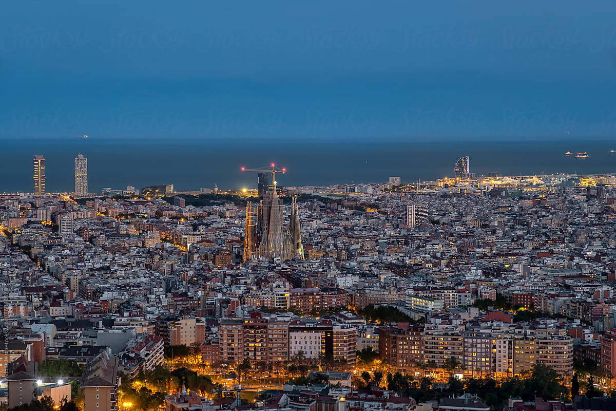 Barcelona City, City Skyline At Dusk