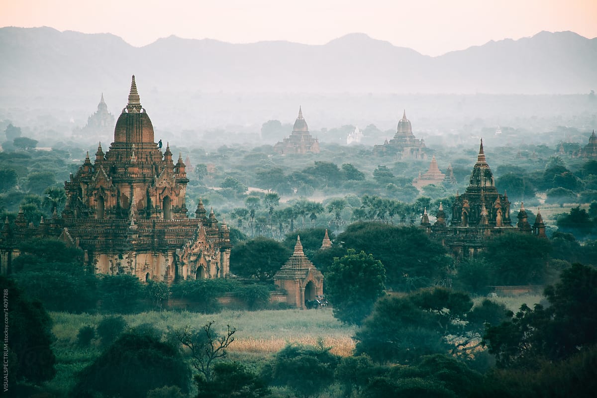 Morning Fog at Bagan Pagodas in Myanmar (Burma)