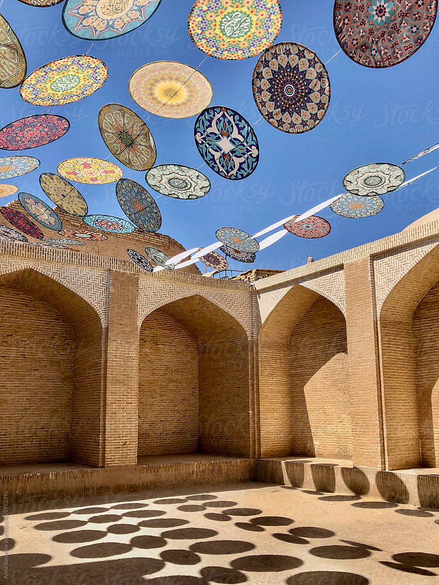 Decorative Persian Umbrellas in Yazd Courtyard