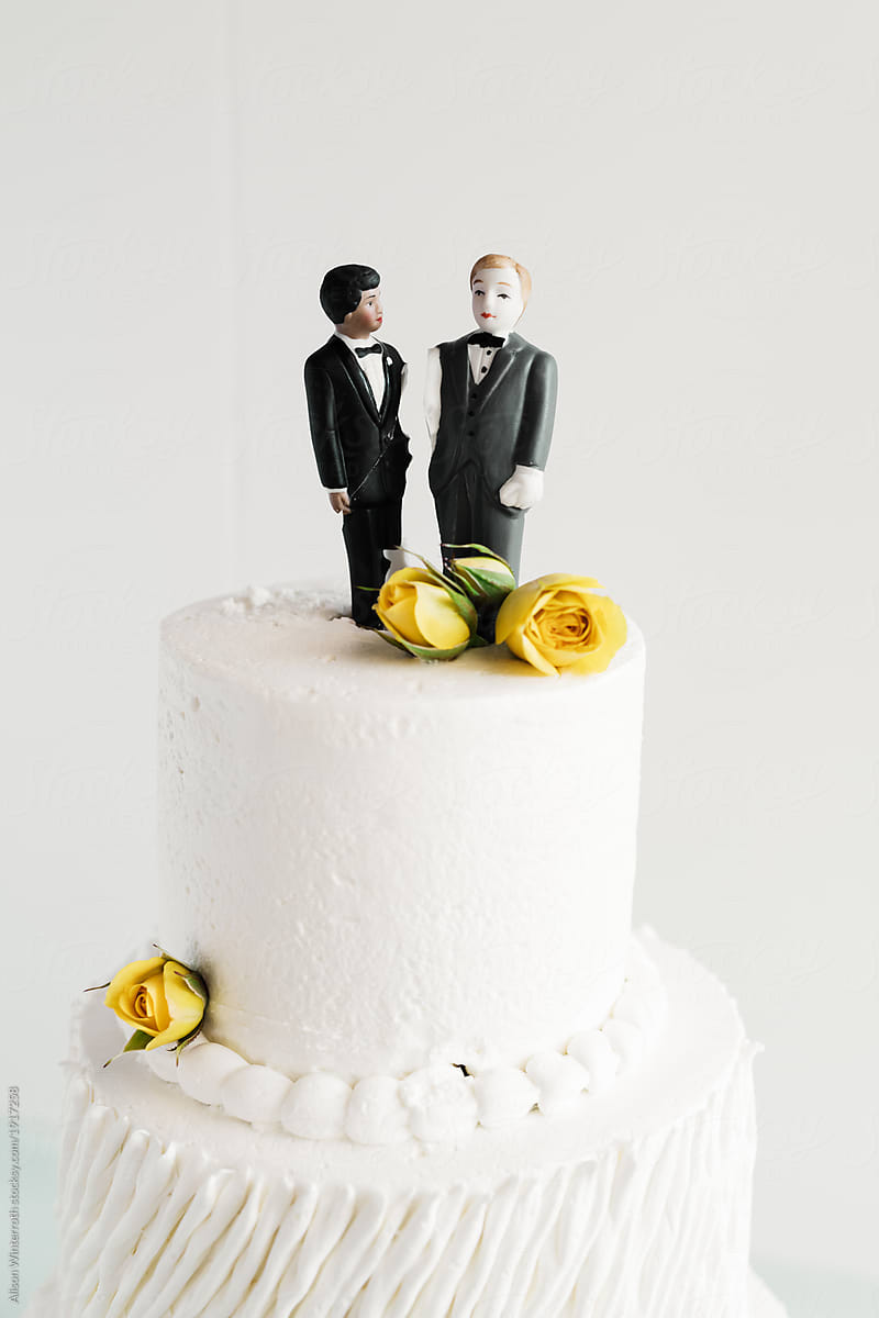 A Gay Couple Standing On A White Wedding Cake