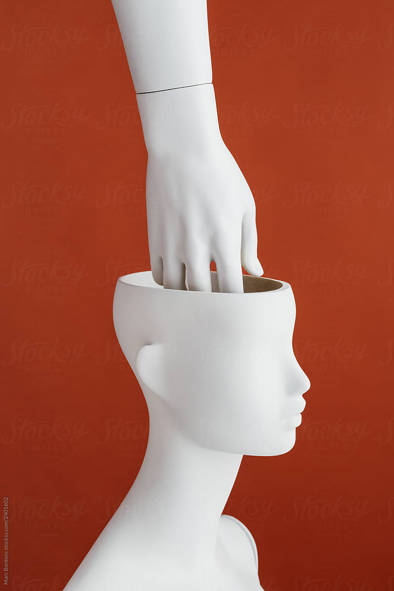 Hand inside a mannequin’s head.
