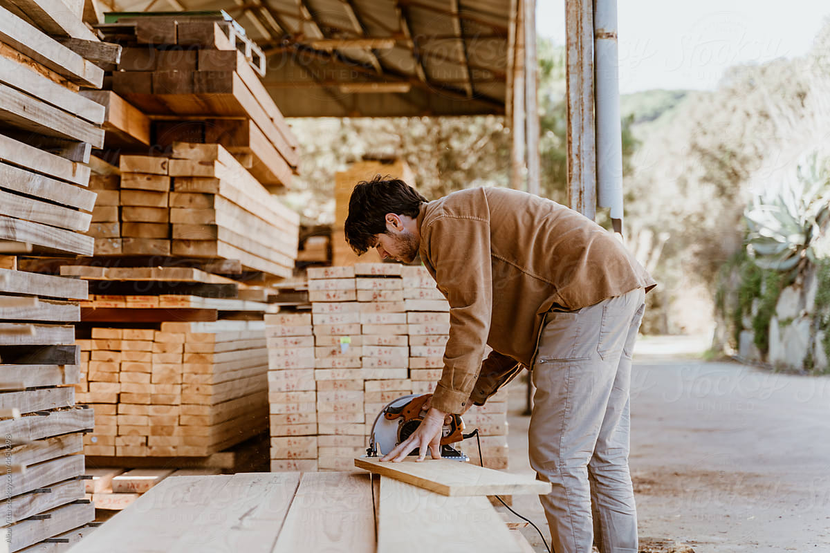 Portrait of working man sawing Wooden boards at lumber mill in a barn