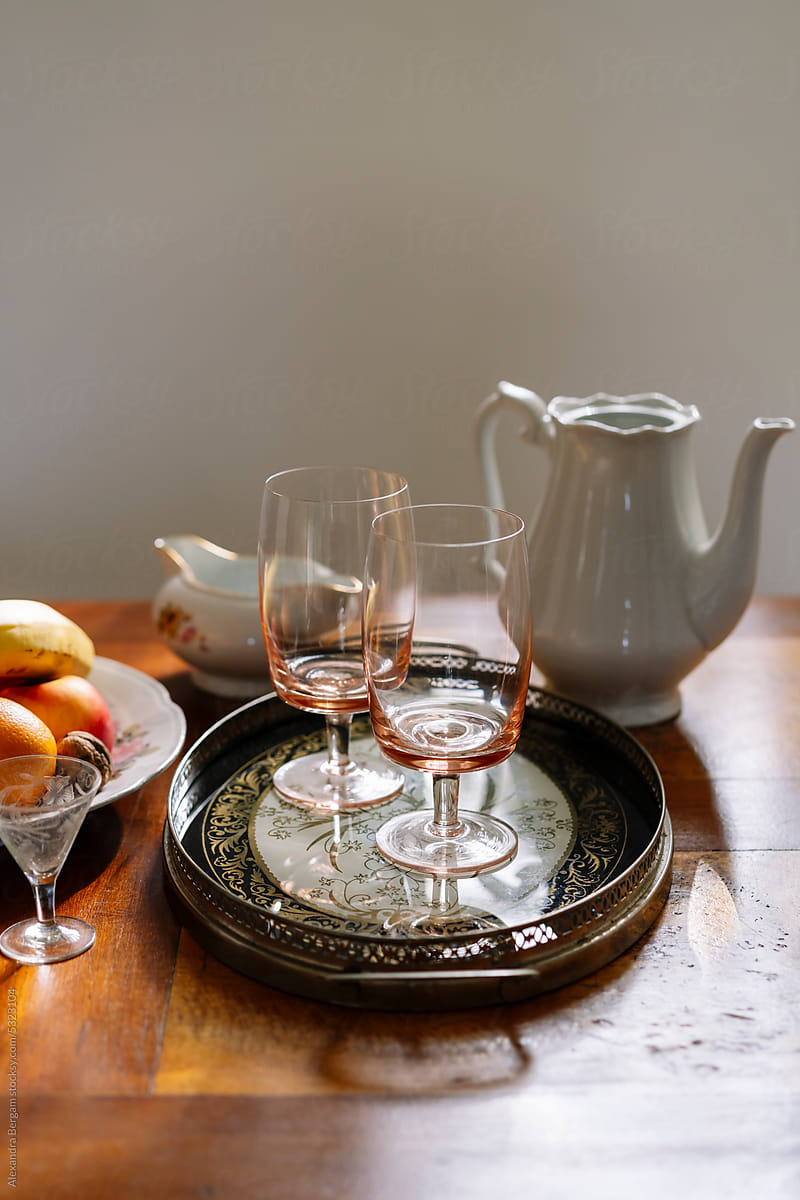 Fruit Plate, Goblet Glasses On Tray And Ceramic Pitcher Arrangement by  Stocksy Contributor Alexandra Bergam - Stocksy