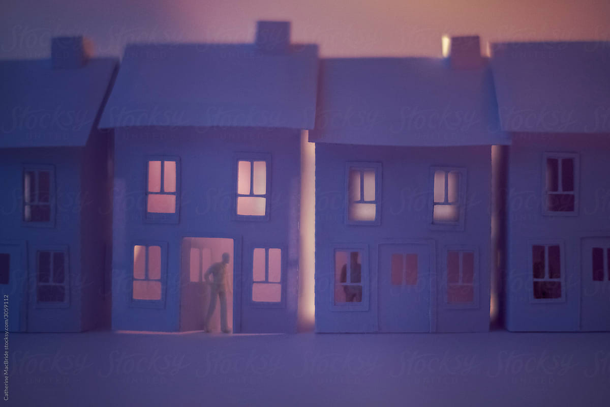 Paper Craft Street with a person looking out their front door
