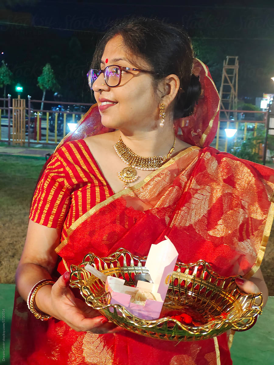 Indian beautiful woman wearing traditional Indian sari at outdoors