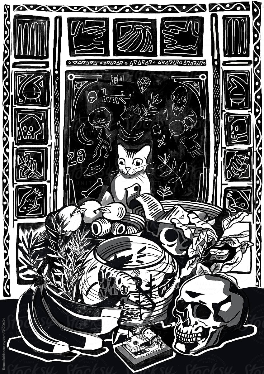 Illustration of a cat sitting surrounded by various objects