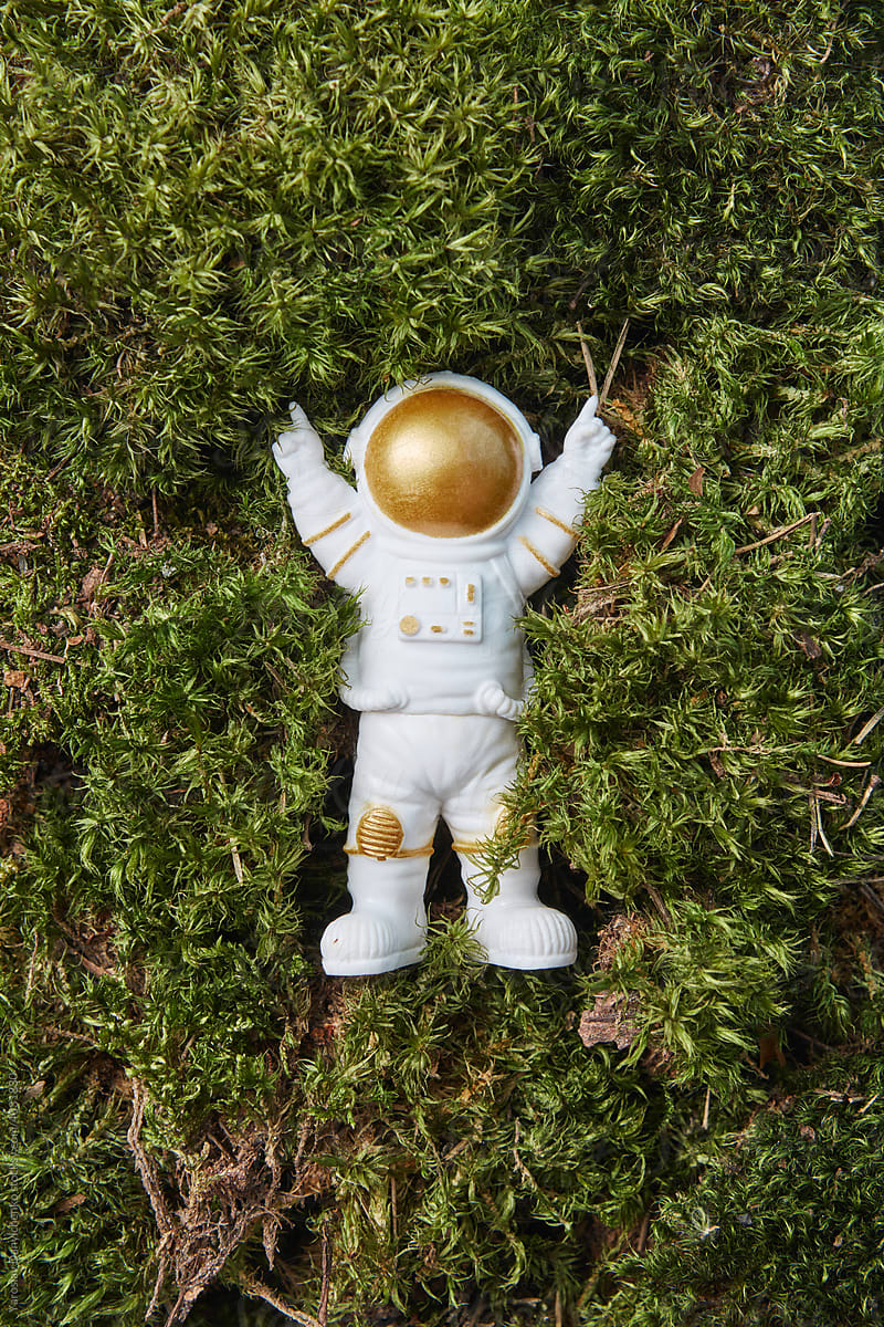 Happy spaceman lying in moss
