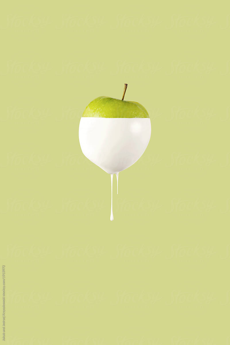 Green Apple Dripping with White Paint