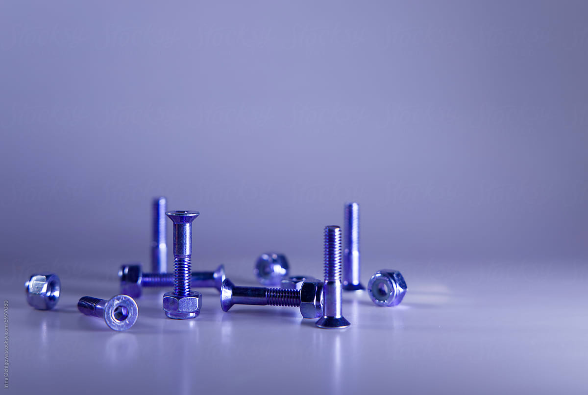 Assorted Metal Screws and Bolts Arranged on a Reflective Surface