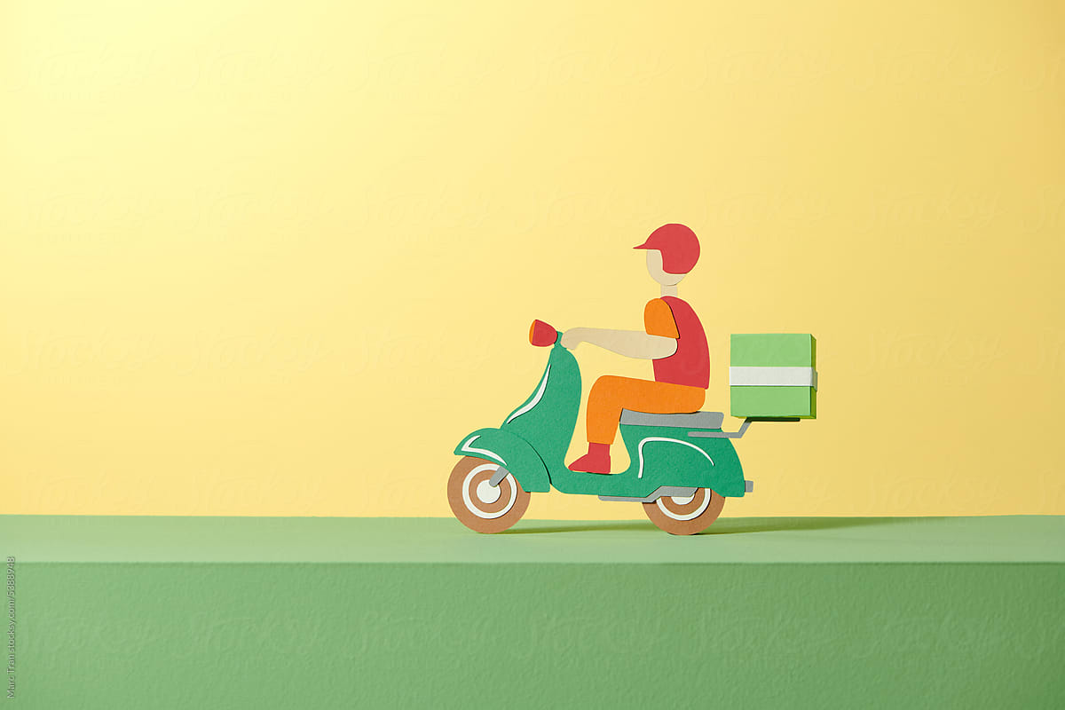 Delivery man on a scooter paper art style
