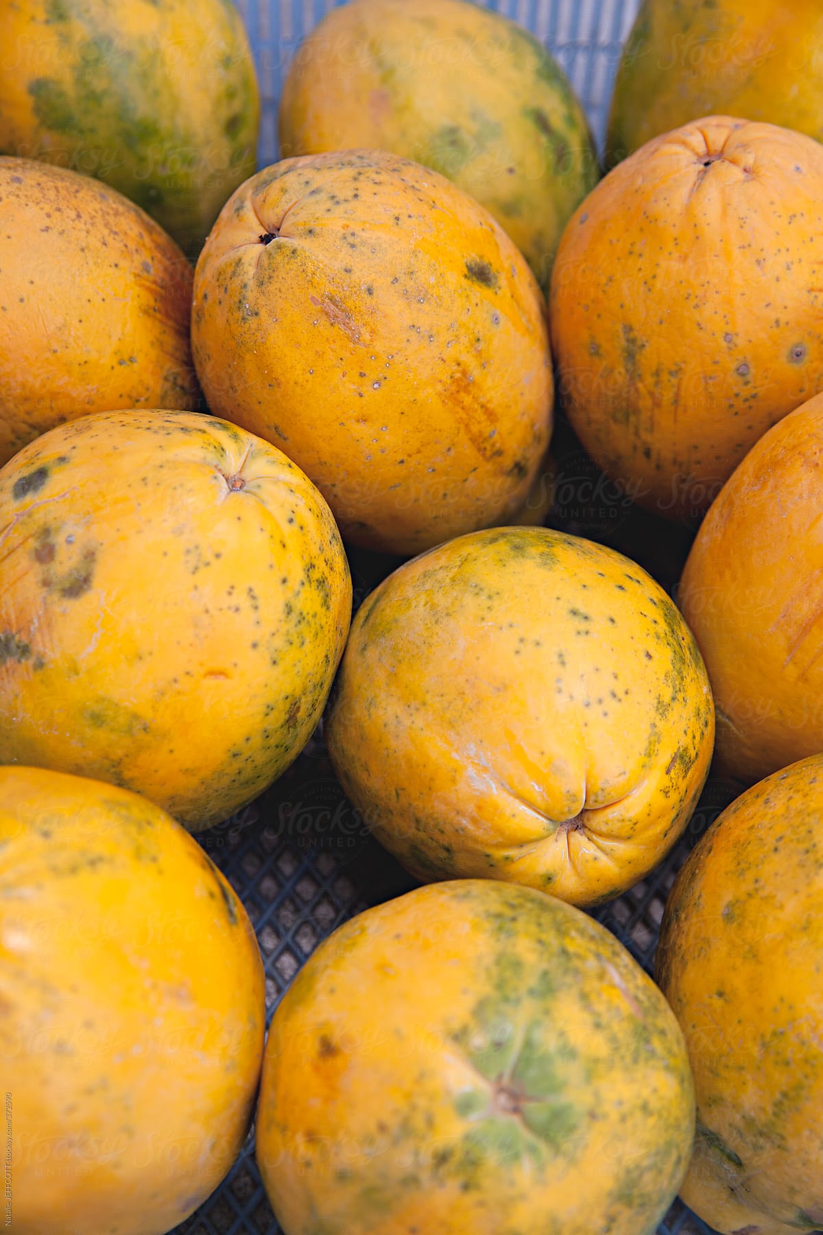 close up of papayas for sale at a farmers market in Kauai, Hawaii