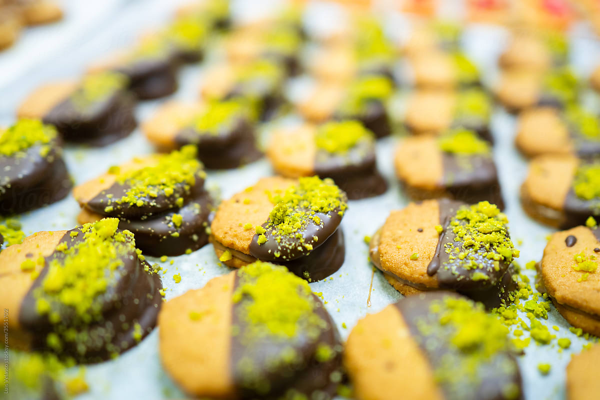 Assortment Of Pistachio And Chocolate Sweet Pastries.