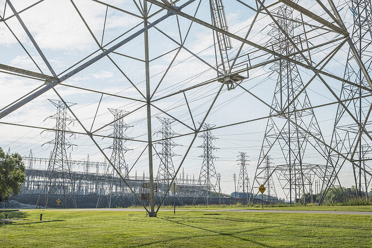 Electric power transmission towers and substation